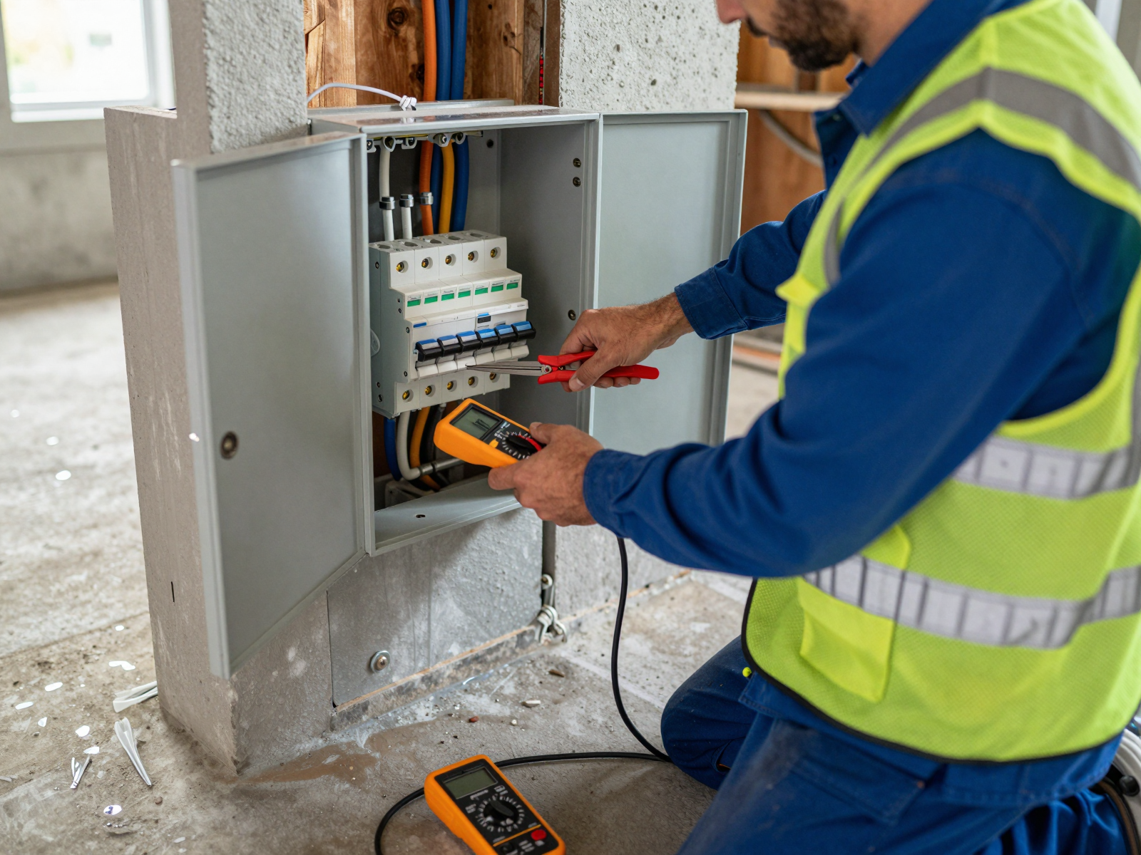 Electrician installing electrical panel