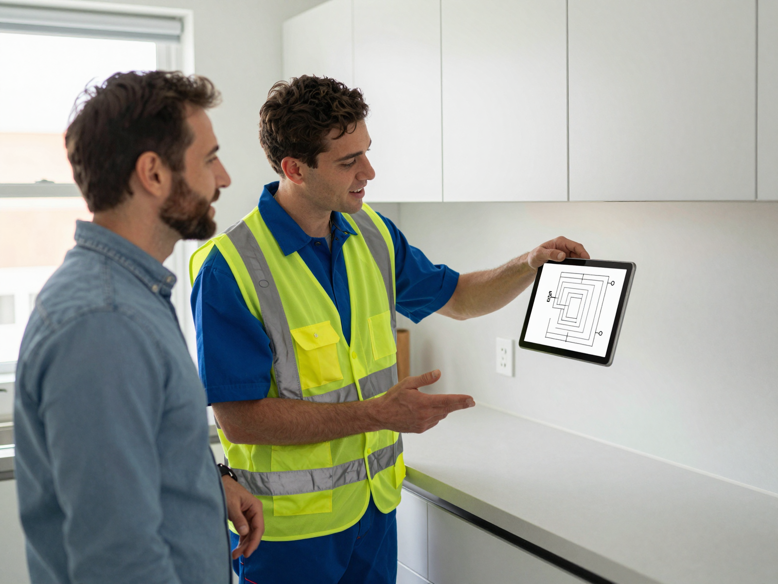 Electrician installing circuit breaker panel in home